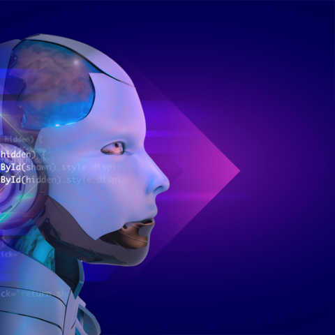 A image of a humanoid automaton and superimposed JavaScript code